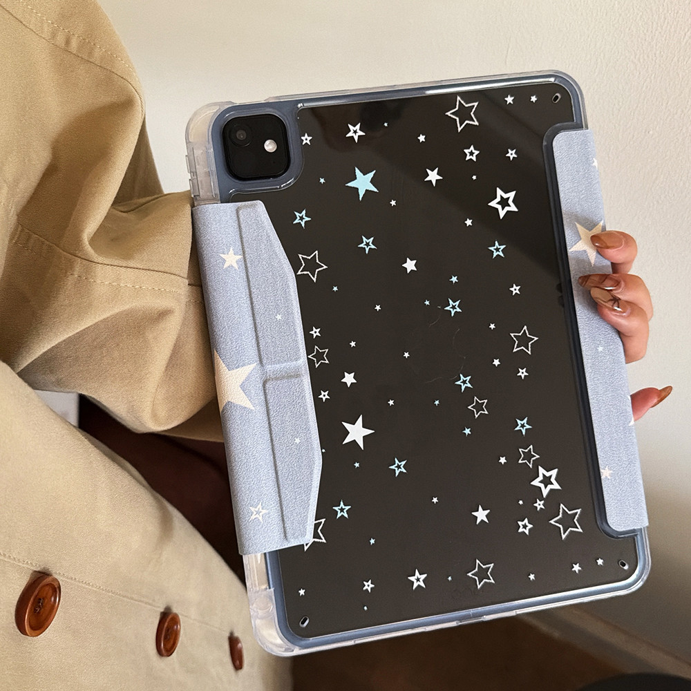 Vỏ cứng gấp chữ Y màu xanh ngôi sao cho Mini6 Mini7 A17Pro IPad 5 6 7 8 9 10 11 A16 Air 2 3 4 5 6 7 Air 11 M2 M3 Pro10.5 Pro11 2020 2021 2022 Pro13 M4 M5 2024 Khe cắm bút chì 2025