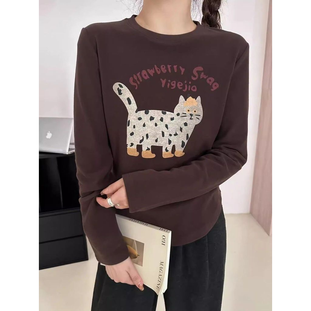 Milyfashion Chải Bên Trong Dài Tay Mèo In Hình Thu Đông Bên Trong Dày Đức Nhung Đáy Top