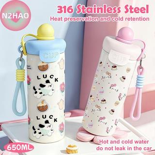 N2HAO Hoạt Hình Di Động Cốc Hút Chân Không Dung Tích Cao Có Dây Nâng 316 Thép Không Gỉ Cốc Chai Nước Cách Nhiệt Bé Trai Và Bé Gái n