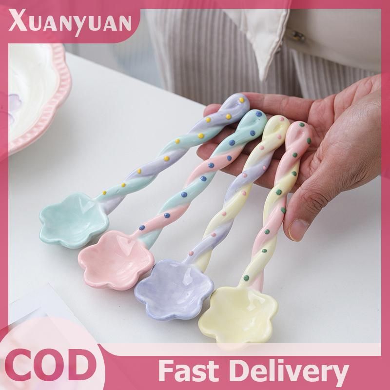 XUAN 1 Gốm Tay Cầm Dài Thìa Dễ Thương Kem Vẽ Tay Món Tráng Miệng Thìa Tay Cầm Dài Bộ Đồ Ăn Nhà Bếp Phụ Kiện VN