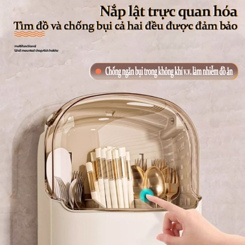 Hộp Đựng Đũa Muỗng Treo Tường Có Nắp Đậy Chống Bụi, Ống Đựng Đũa Muỗng Nhựa PP Có Khay Thoát Nước