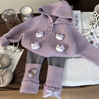 Bé Gái Phong Cách Mới Bộ Áo Len Ba Chiều kt Mèo Có Mũ Trùm Đầu Áo Len Lông Cừu Lót Quần Legging