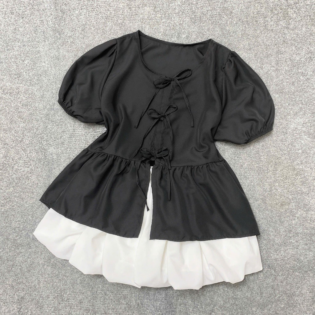 Set Áo Babydoll Nữ Bigsize CÔ NHỎ Tay Phồng Tiểu Thư Phối Váy Bí Xòe Có Bảo Hộ SET ( A191-CV413)