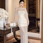 Đầm dạ tiệc sang trọng Khiết Style, thiết kế lưới sequin đính hoa đá lấp lánh & cape tơ phủ thanh lịch KD444 — ảnh 2