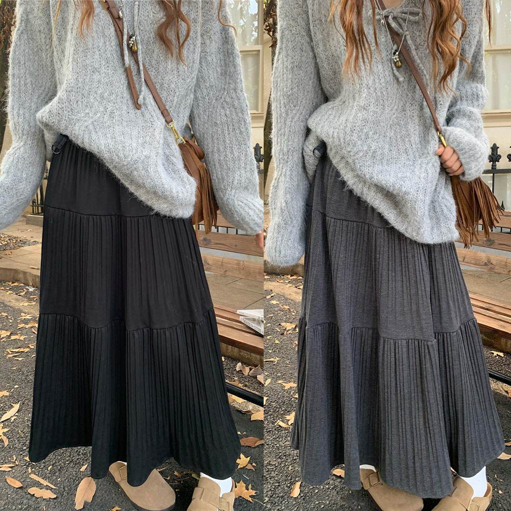 Váy bà bầu thời trang thu đông Váy chữ A xếp ly Cashmere dày