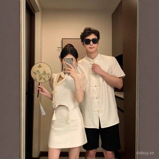 Trang phục cặp đôi phong cách Trung Quốc với áo sơ mi ngắn tay có cổ đứng, thiết kế mặt dây chuyền và vòng nút - Mùa hè tươi sáng