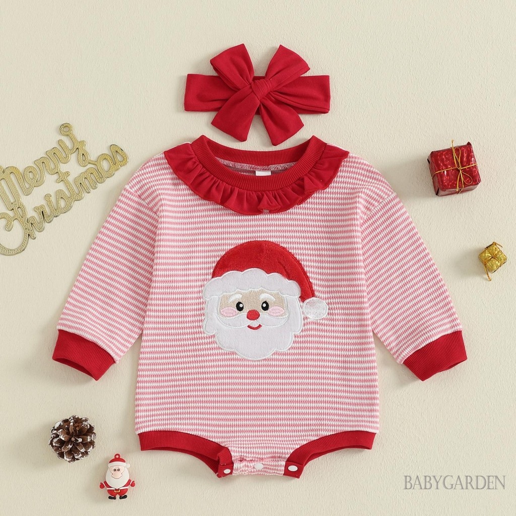 Bé Gái Sơ Sinh Giáng Sinh Tay Dài In Sọc Ông Già Noel Thêu Áo Liền Quần Có Băng Đô