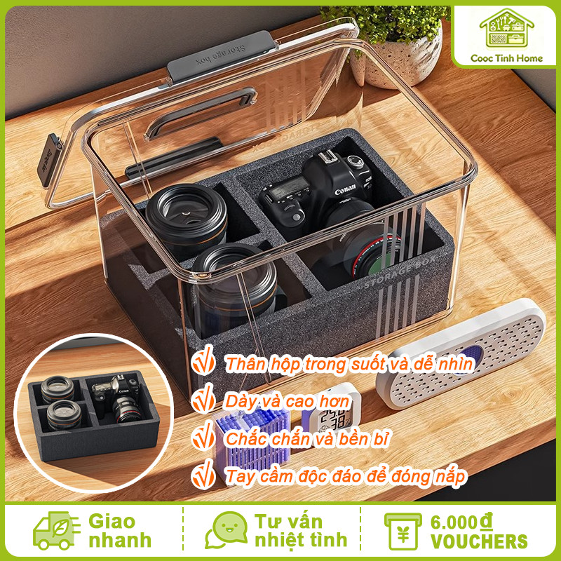 Combo Hộp Chống Ẩm Máy Ảnh Chuyên Dụng 6 Trong 1 Cho DSLR Mirrorless Compact, Kèm Đệm Chống Sốc Và Hút Ẩm