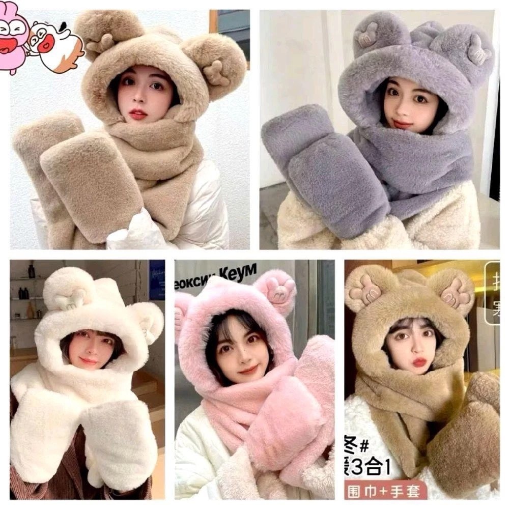 Mũ Trùm Đầu Tai Gấu 3in1 Kèm Khăn Và Bao Tay Lông Mềm Cao Cấp Giữ Ấm Mùa Đông Dễ Thương Quà Tặng Giáng Sinh Nam Nữ