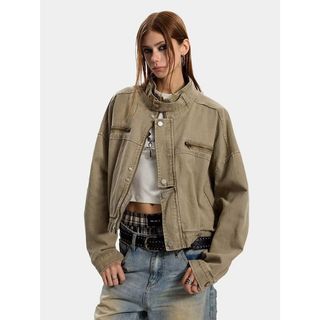 Áo denim cổ đứng màu xám chất lượng cao, phù hợp nam và nữ