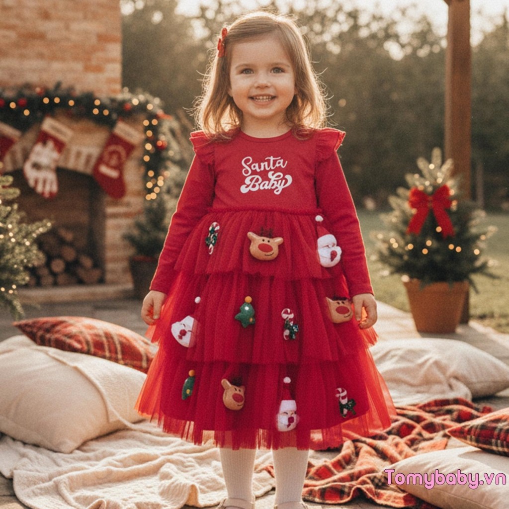 Trẻ Em Bé Gái Giáng Sinh Một Dòng Đầm Ông Già Noel Hươu Trang Trí Cổ Tròn Tay Dài Tuyn Chắp Vá Bánh Váy