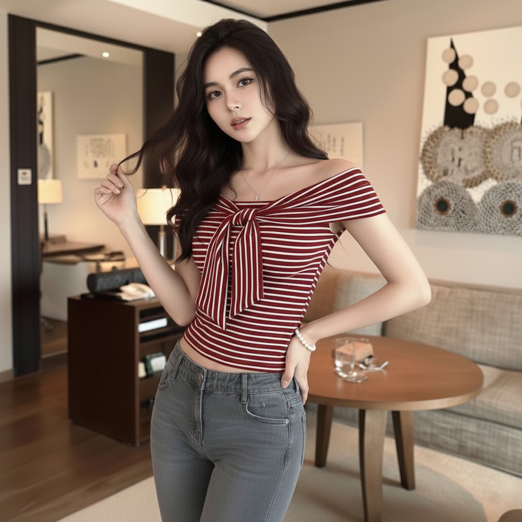 Áo Thun Trễ Vai Nữ Kẻ Sọc  Kiểu Xoắn Thắt Nơ Ngực A51507
