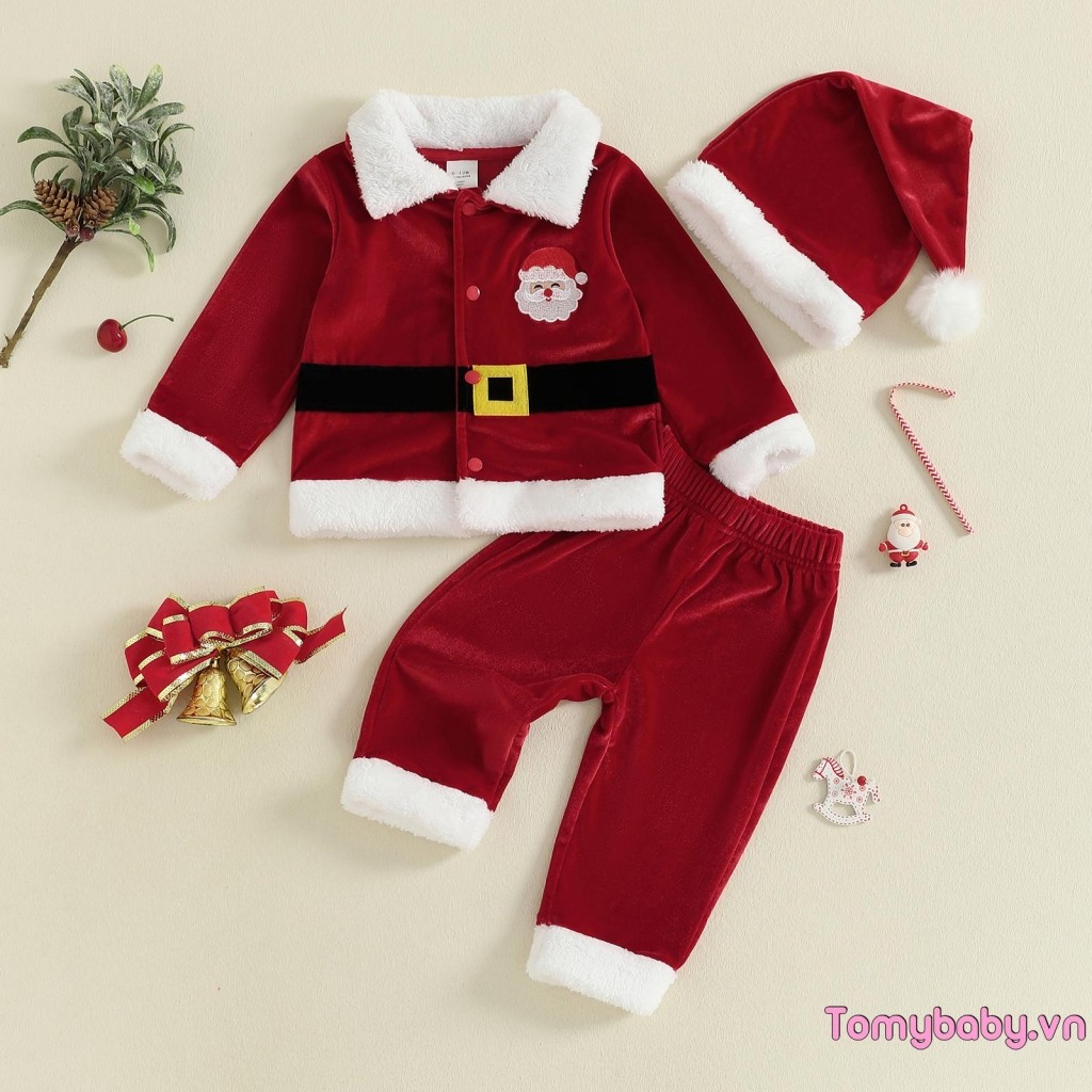 Bộ Trang Phục Giáng Sinh Cho Bé Gái Bé Trai Dài Tay Ve Áo Nút Xuống Áo + Quần Eo Co Giãn Ông Già Noel Trang Phục