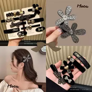 Bộ 5 Kẹp Tóc Lót Nhung Đính Hạt Loại Mới Cực Xinh Chất Liệu Cao Cấp Thiết Kế Sang Trọng/ Kẹp Hoa Sáng Bóng MOCA VN