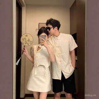 Trang phục cặp đôi phong cách Trung Quốc với áo sơ mi ngắn tay có cổ đứng, thiết kế mặt dây chuyền và vòng nút - Mùa hè tươi sáng