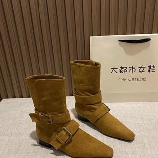 Giày Bốt Ngắn Nữ Mũi Vuông Dày Gót Slip-On Khóa Hai Tay Khóa Thắt Lưng 35-42