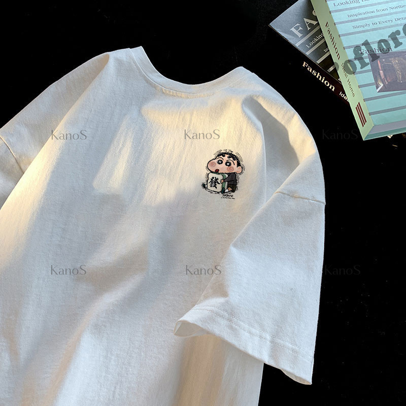 Kanos_shop | Áo rộng giặt nước, phong cách nhật Cartoon Xiao xin print 100% cotton áo sơ mi tay ngắn