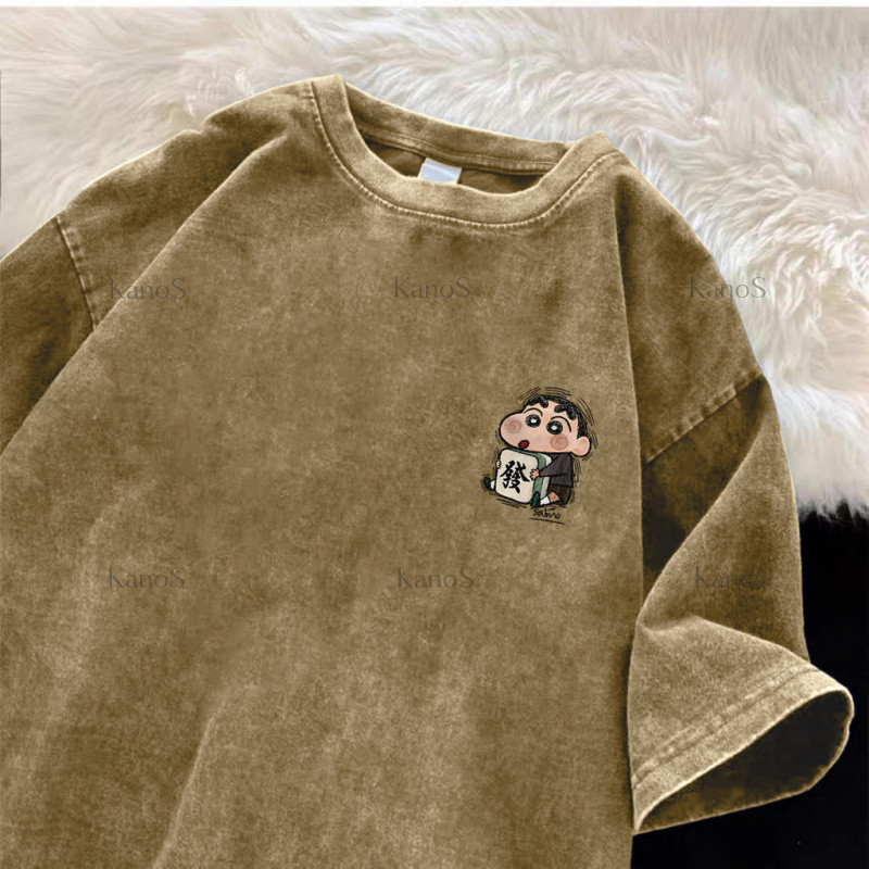 Kanos_shop | Áo rộng giặt nước, phong cách nhật Cartoon Xiao xin print 100% cotton áo sơ mi tay ngắn