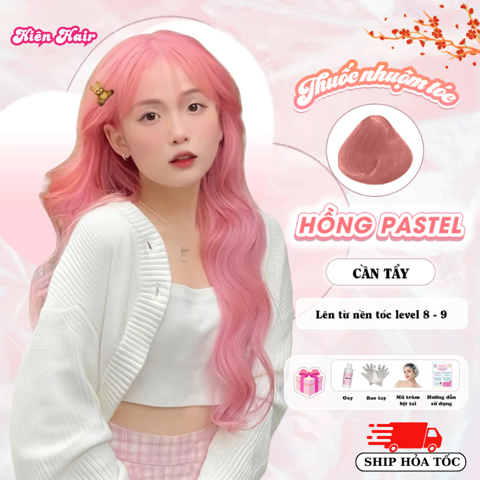 Thuốc nhuộm tóc màu Hồng, thuốc nhuộm tóc màu Hồng Pastel, tặng kèm oxy trợ dưỡng và bao tay
