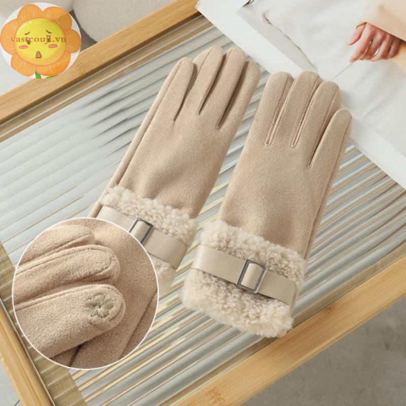 VASTJI Găng tay da lộn nữ với lông cừu dày, ấm áp, cảm ứng được, bảo vệ trong thời tiết lạnh và phù hợp cho việc đi xe đạp
