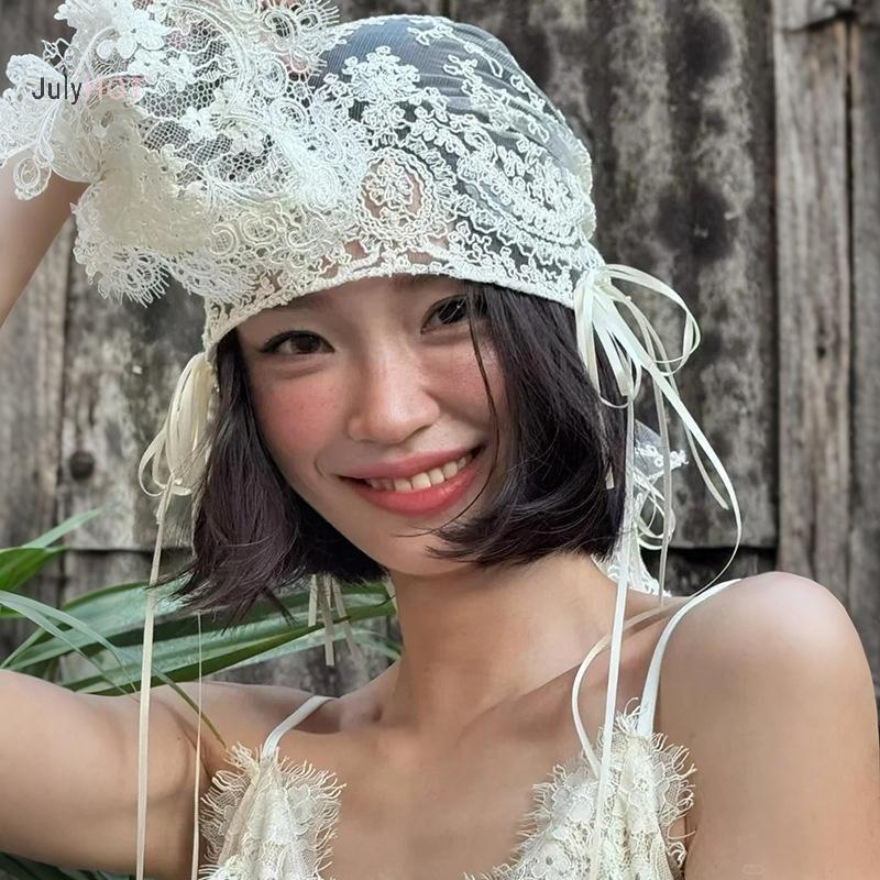 JULYHOT 1 Cái Phong Cách Pháp Thêu Thanh Lịch Ngắn Làm Cỏ Mũ Vintage Full Ren Cô Dâu Khăn Lau Có Nơ Ruy Băng Massivedeals