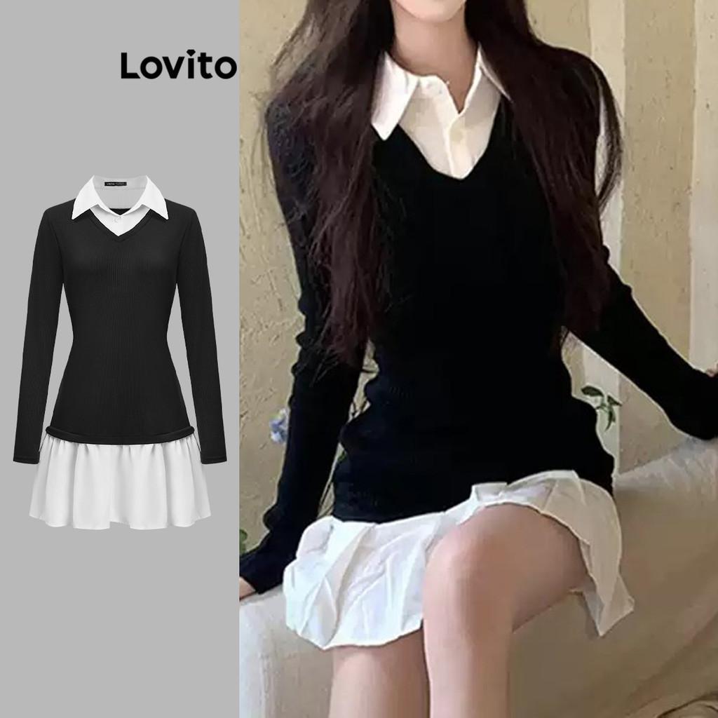 Đầm nữ Lovito ghép vải màu trơn phong cách thường ngày L110AD1466
