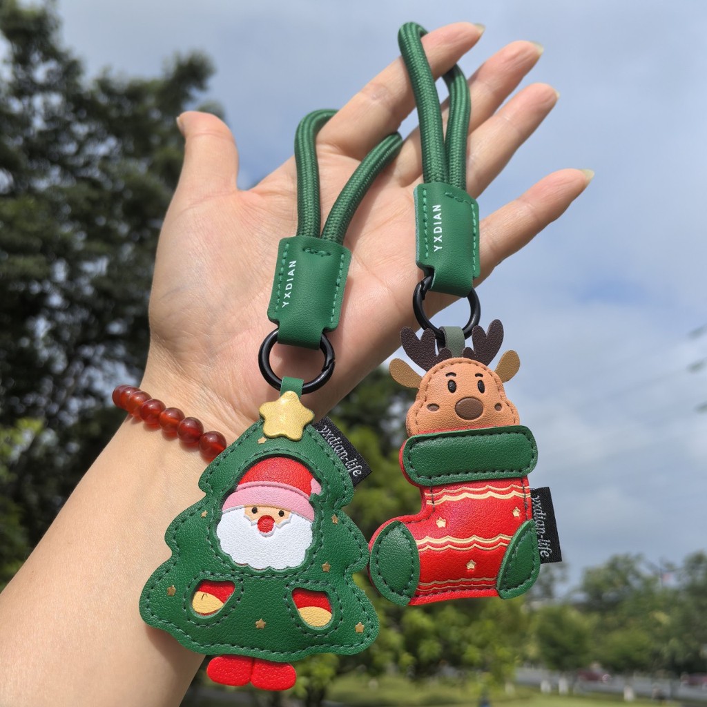 Móc khóa thả Giáng sinh bằng da sáng tạo - Túi da PU màu xanh lá cây dễ thương quyến rũ, Vòng chìa khóa ô tô dành cho nam và nữ