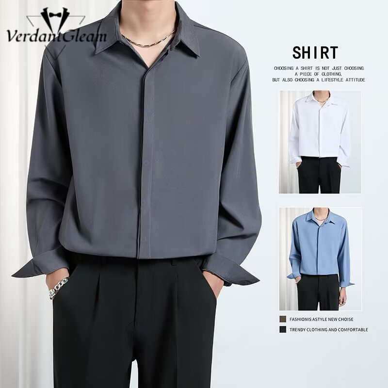 Áo sơ mi nam phong cách Hàn Quốc, chất liệu lụa cao cấp draped