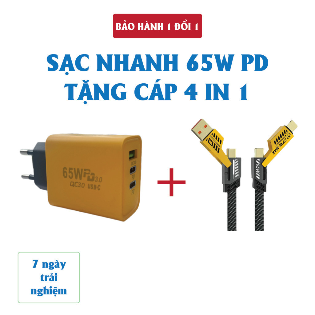 Cốc sạc nhanh 65W “Tặng cáp sạc nhanh 4 in 1” . Củ sạc nhanh 3 in 1 gồm: 2 cổng Type C + 1 cổng USB