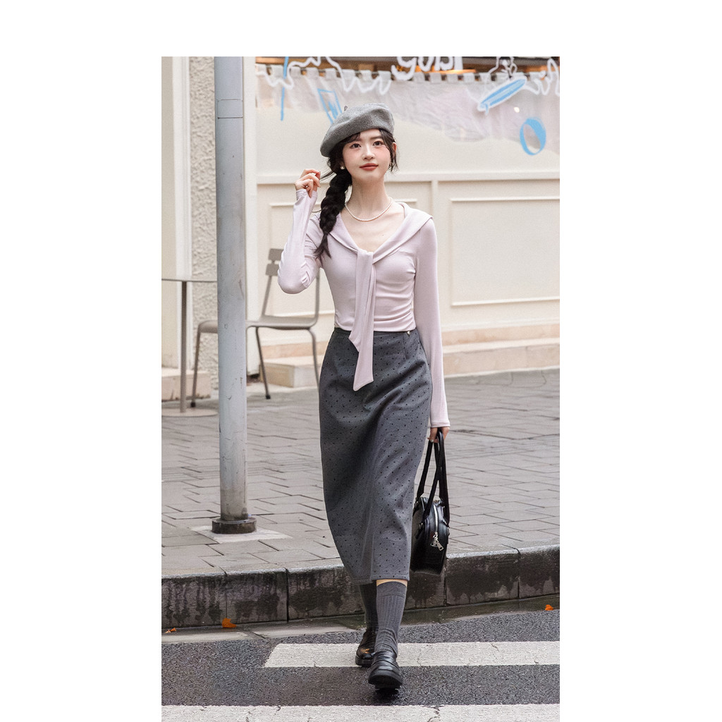 Mutu Áo Thun Dài Tay Nữ Phù Hợp Mùa Đông, Cổ Chữ V Ruột Băng, Thiết Kế Slim-Fit Sang Trọng