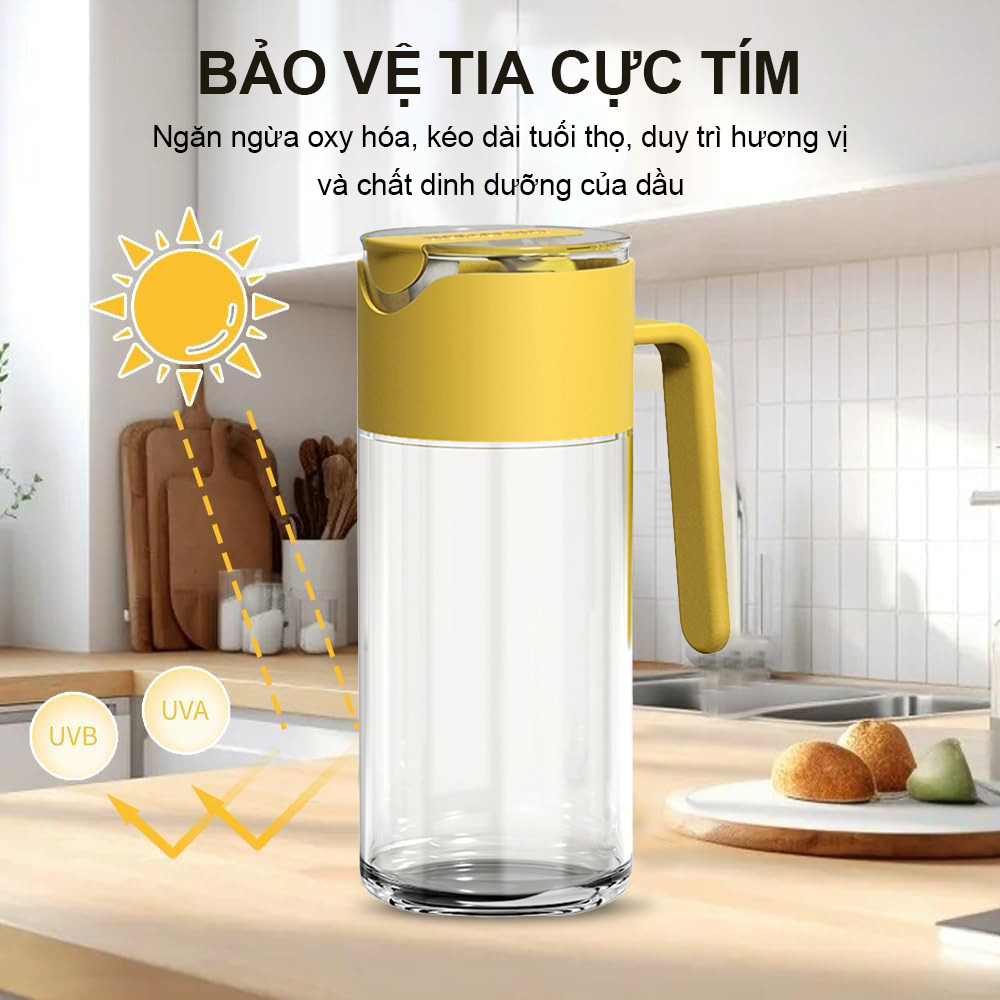 Chai đựng dầu ăn thủy tinh thông minh cao cấp nắp tự đóng mở, bình đựng dầu ăn thủy tinh có đế silicon chống trượt