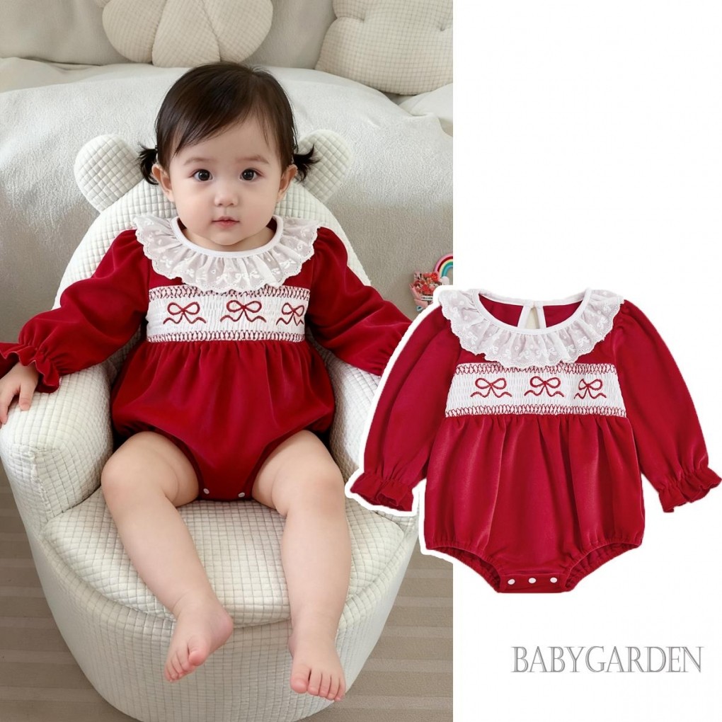 Giáng Sinh Năm Mới Bé Gái Bong Bóng Áo Liền Quần Thời Trang Ruffle Nơ Thêu Tay Dài Smock Jumpsuit Cho Giáng Sinh Năm Mới