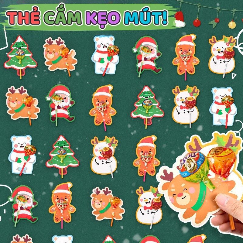 Quà giáng sinh thẻ giấy cài kẹo mút - Quà Tặng Cho Bé set 60 Combo đồ.  làm quà tặng ngày lễ cho bé thật xinh