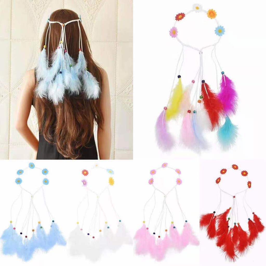 GHG - Mũ đội đầu bohemian lông vũ với hoa hướng dương, phù hợp cho chụp ảnh