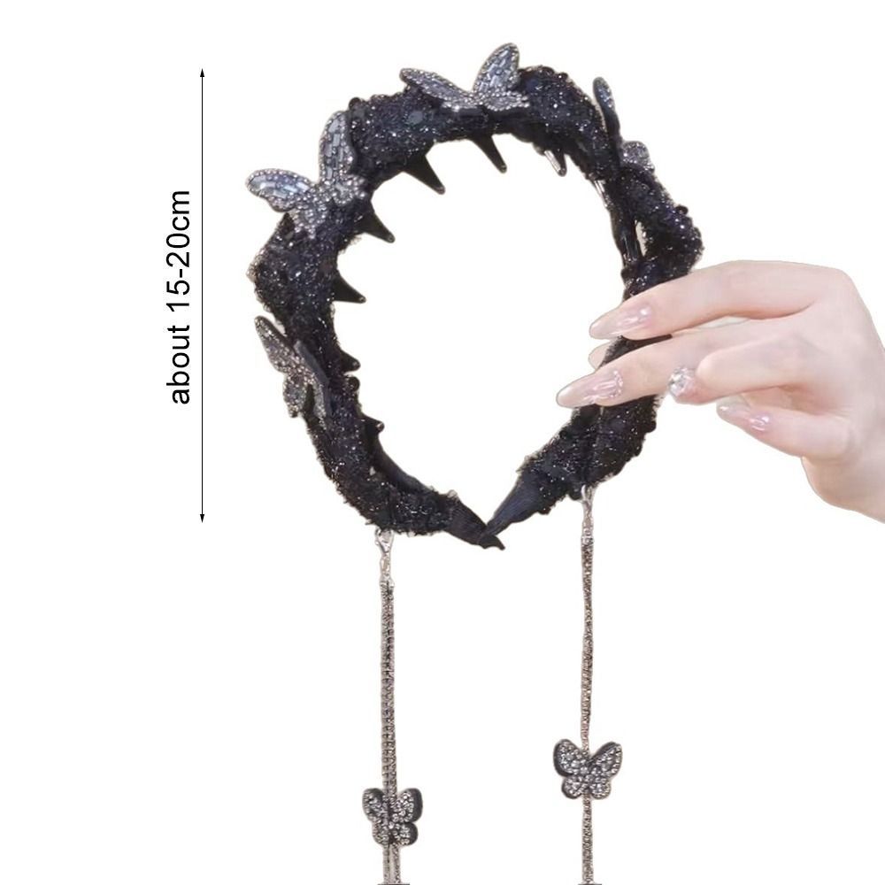 JKDESIGN - Dây Đeo Đầu Nhung Bện Ren Lưới Tua Rua Sáng Bóng, Charm Dây Xích Dài, Phụ Kiệm Tóc Cho Nữ