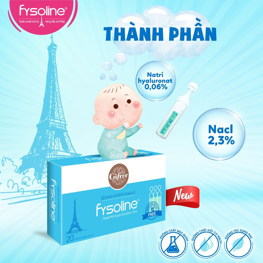Nước muối ưu trương FYSOLINE hỗ trợ viêm mũi, nghẹt mũi cho bé (Hộp xanh 20 ống x 5ml)