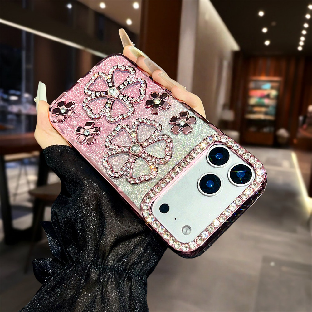 Ốp điện thoại hoa kim cương lấp lánh sang trọng cho iPhone 17 Pro Max 12 13 14 15 16 pro max Air 15 16 plus Bảo vệ Camera ống kính TPU vỏ mềm bảo vệ điện thoại