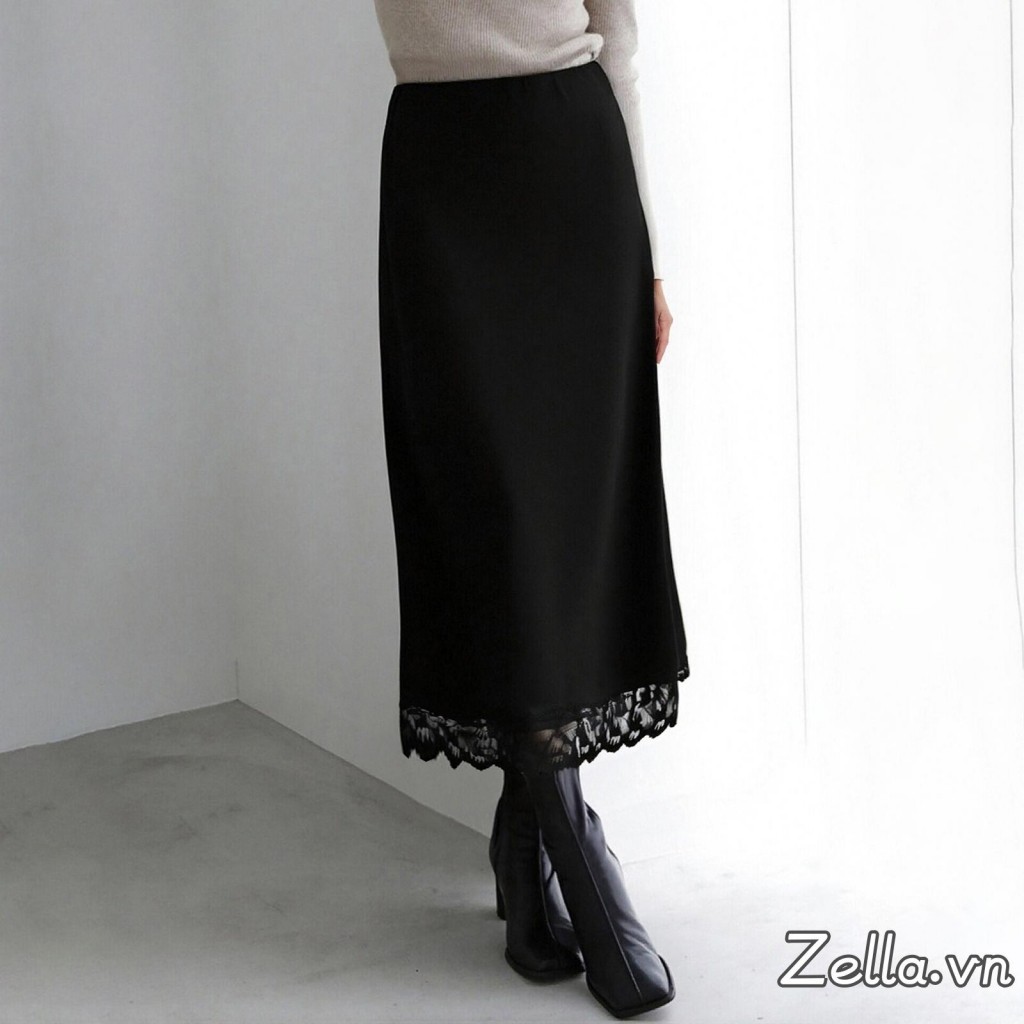 Váy midi satin nữ thanh lịch màu trơn với viền ren ôm body