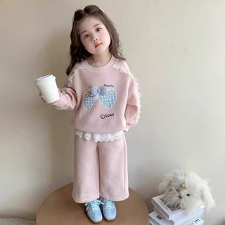 Bộ nỉ phối viền bèo cho bé gái 9-27kg. Bộ thu đông bé gái màu hồng pastel mẫu bộ nỉ BOWS . Đồ bộ dài tay bé gái. TD1