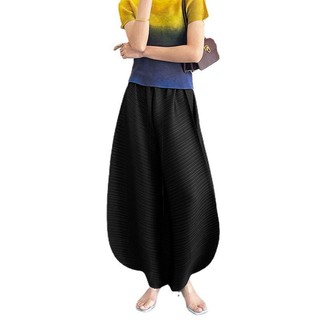Miyake Quần Nữ Ống Rộng Drap Mỏng, Phù Hợp Hàng Ngày, Màu Đen Cao Cấp