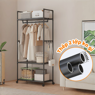 Kệ Treo Quần Áo Tích Hợp Để Đồ Đa Năng MAISON Bánh Xe Xoay 360, Giá Phơi Quần Áo Bằng Thép Không Gỉ