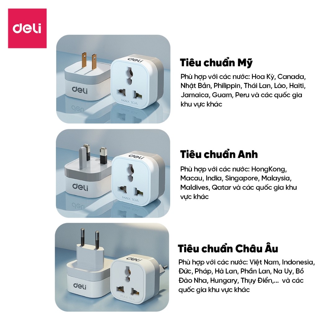 Ổ Cắm Chuyển Đổi 3 Chân Sang 2 Chân, Ổ Cắm Tiêu Chuẩn Châu ÂU, Mỹ, Anh Dùng Đa Quốc Gia Du Lịch
