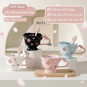 Cốc sứ hoa anh đào – thiết kế dễ thương, phong cách nữ tính, dùng cho cà phê, trà chiều, văn phòng & gia đình