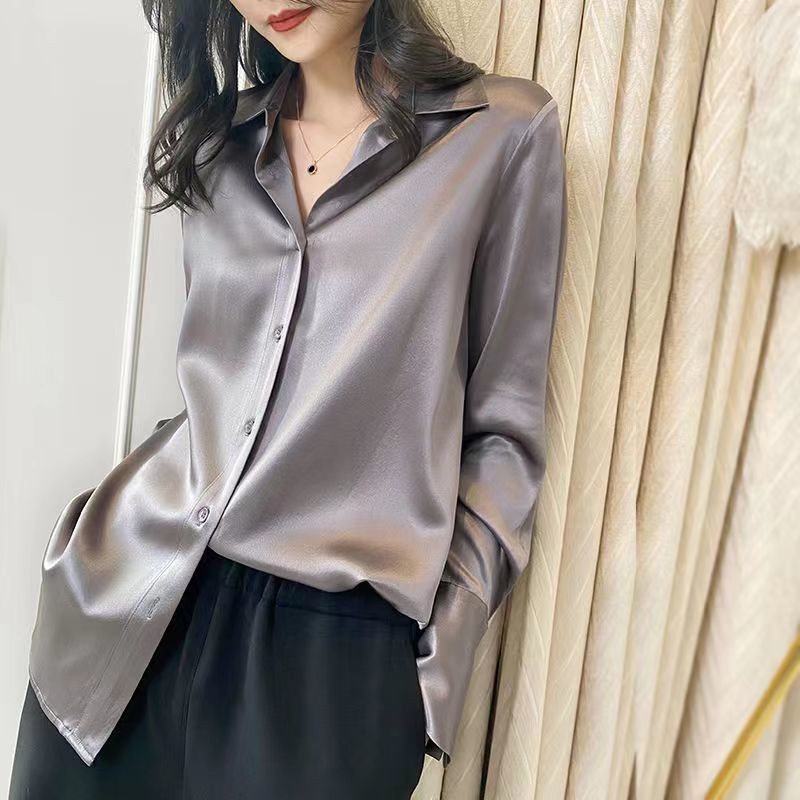 Áo sơ mi trắng tay dài nữ thời trang công sở, chất liệu satin cao cấp, phù hợp văn phòng