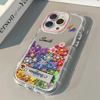 INS Flower Vỏ Gương Nhiều Màu Sắc + Dây Xích + Giá Đỡ Cho IPhone 16 11 15 14 13 12 Pro Max X Xr Xs Max 7 8 Plus Vỏ Điện Thoại Bảo Vệ Ống Kính Chống Sốc Mềm Vỏ Đen