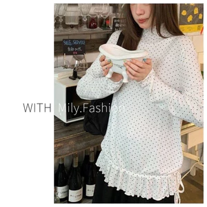 Milyfashion Áo Blouse Ren Cổ Cao Chấm Bi Tay Dài, Thiết Kế Ôm Vừa Vặn Phù Hợp