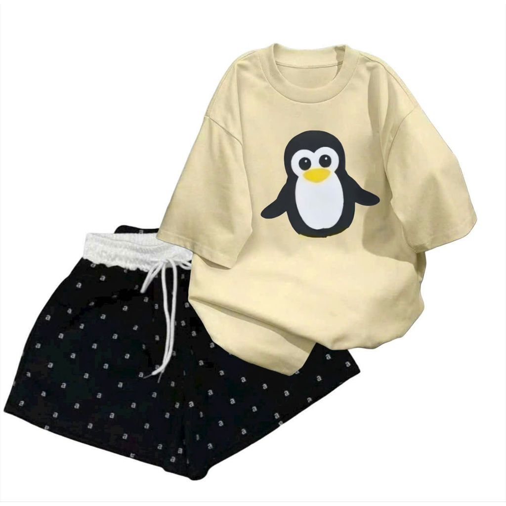 Tổng hợp các sét bộ quần đùi CỘC TRƠN CHỮ AAA+ mix áo phông phom unisex hình-con chim cánh cụt-QUANAO94