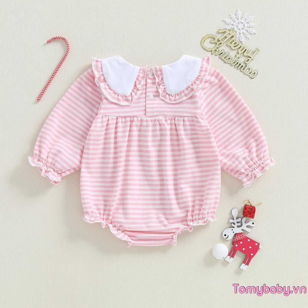 Bé Gái Giáng Sinh Sọc Áo Liền Quần Train Gừng Cây Thêu Ruffle Tay Dài Body