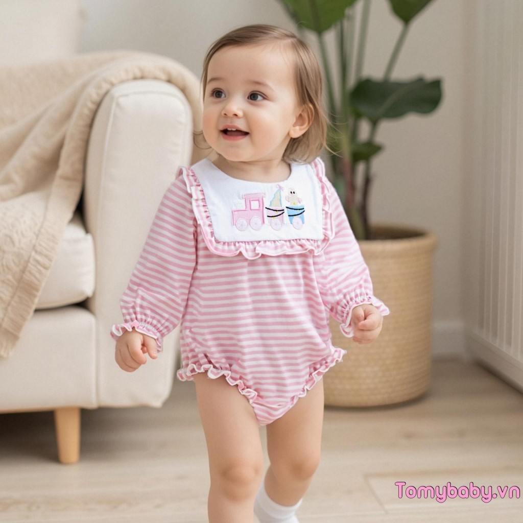 Bé Gái Giáng Sinh Sọc Áo Liền Quần Train Gừng Cây Thêu Ruffle Tay Dài Body
