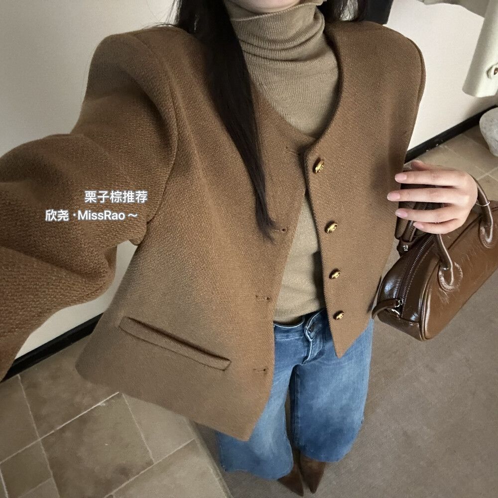 Mới Áo Khoác Ngắn Xuân Thu, Cổ Tròn, Phong Cách Đơn Giản Sang Trọng